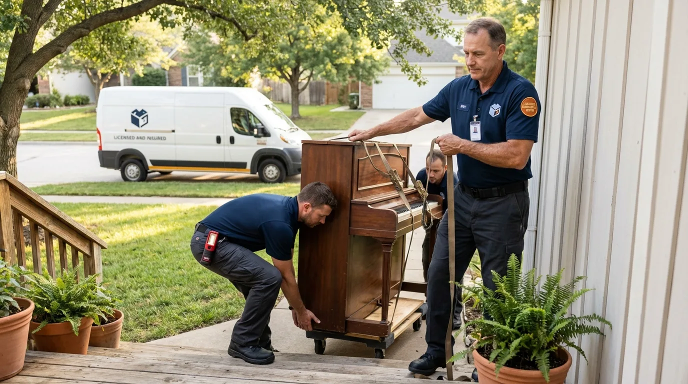Licensed piano movers securing grand piano in Steger, IL