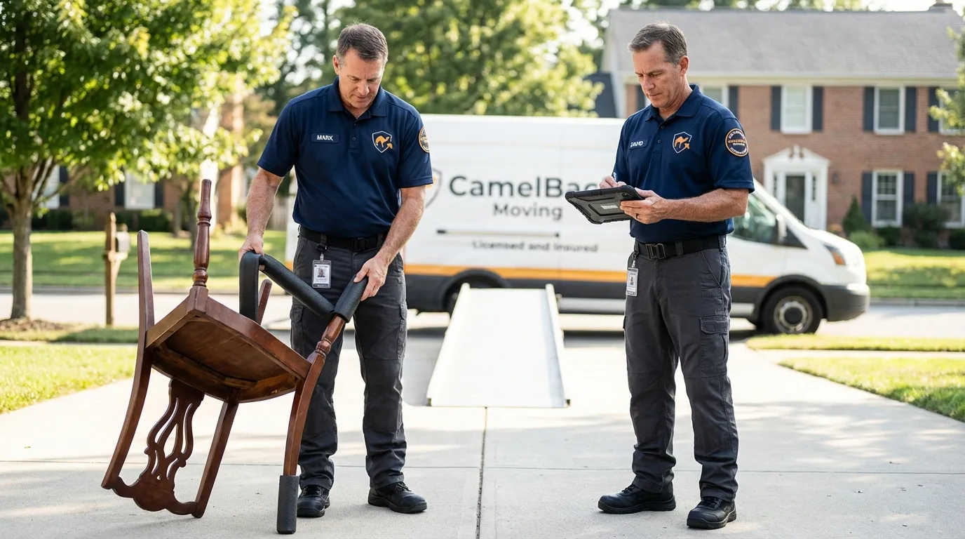 Movers inspecting furniture for damage prevention before loading in Steger, IL