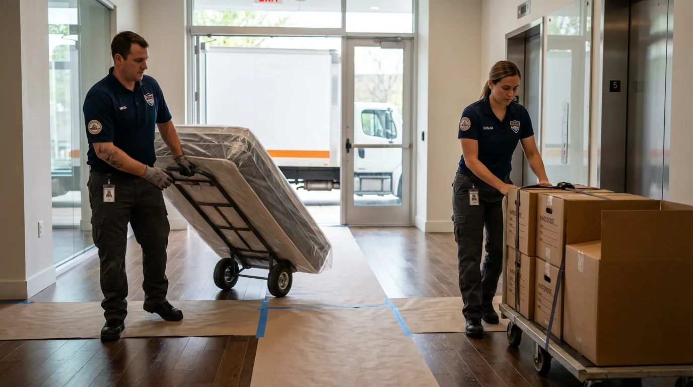 Professional apartment movers loading elevator in Steger, IL