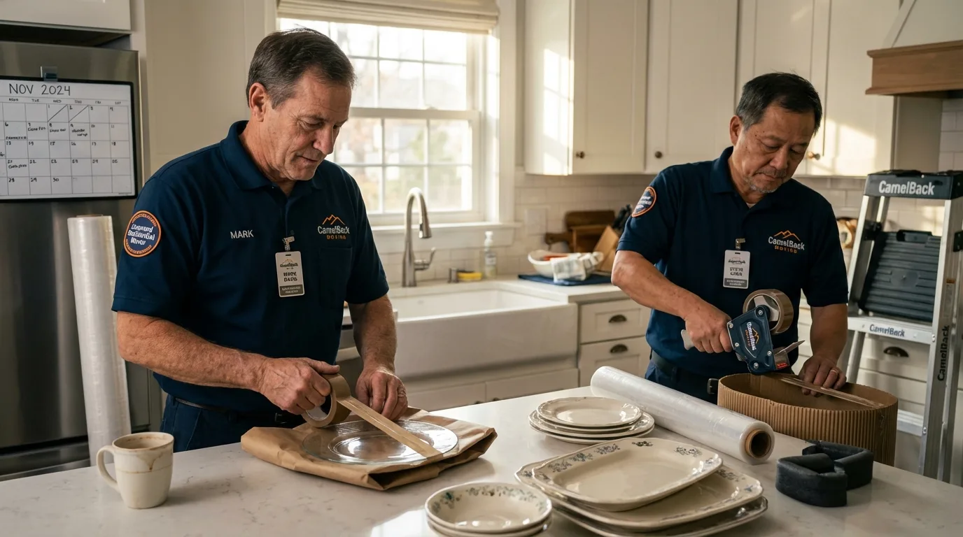 Professional crew packing kitchen dishware in Steger, IL